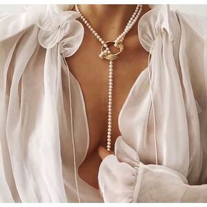 Zara Pearl Lariat Necklace with Gold Ring & Coin Pendant